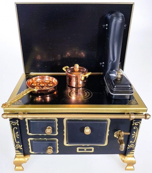 Cuisinière 1:12, noire, paroi arrière noire avec accessoires, fabriquée en Allemagne
