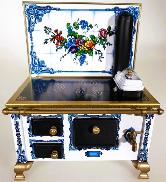 Stove 1:12, blue with flowers, Made in Germany