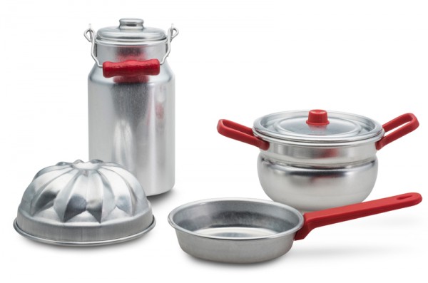 Kochgeschirr aus Aluminium 4 tlg. kleine Milchkanne, Pfanne Topf 6cm und Backform Made in Germany