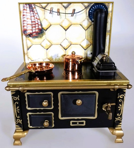 Herd 1:12, schwarz Rückwand Geschirrtuch mit Zubehör, Made in Germany