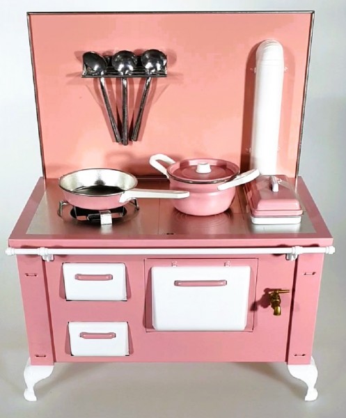Stove 1:6, pink and white, metal and plastic, Made in Germany