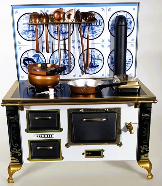 Stove 1:6, white, metal and plastic with blue tiles, Made in Germany